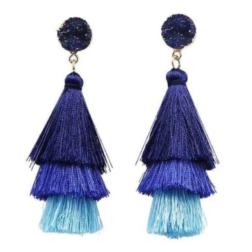 Womens Crystal Blue Tassel 3 Tier Dangle‎ Vintage Earrings Jewelry Brand New